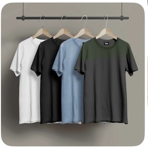 Four plain t-shirts on hangers